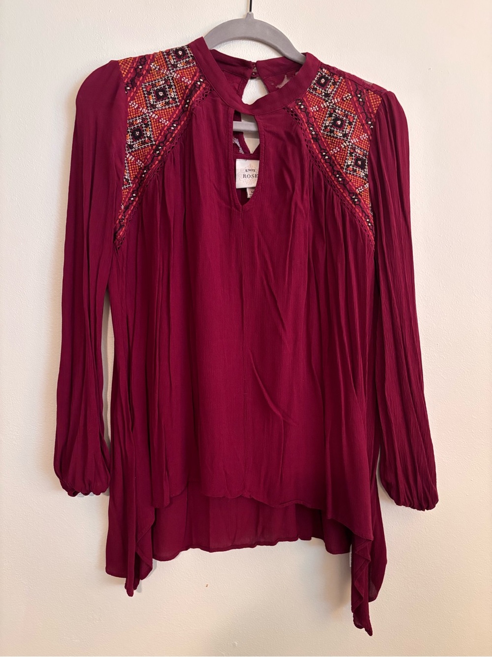 Knox Rose Embroidered Burgundy Peasant Tunic